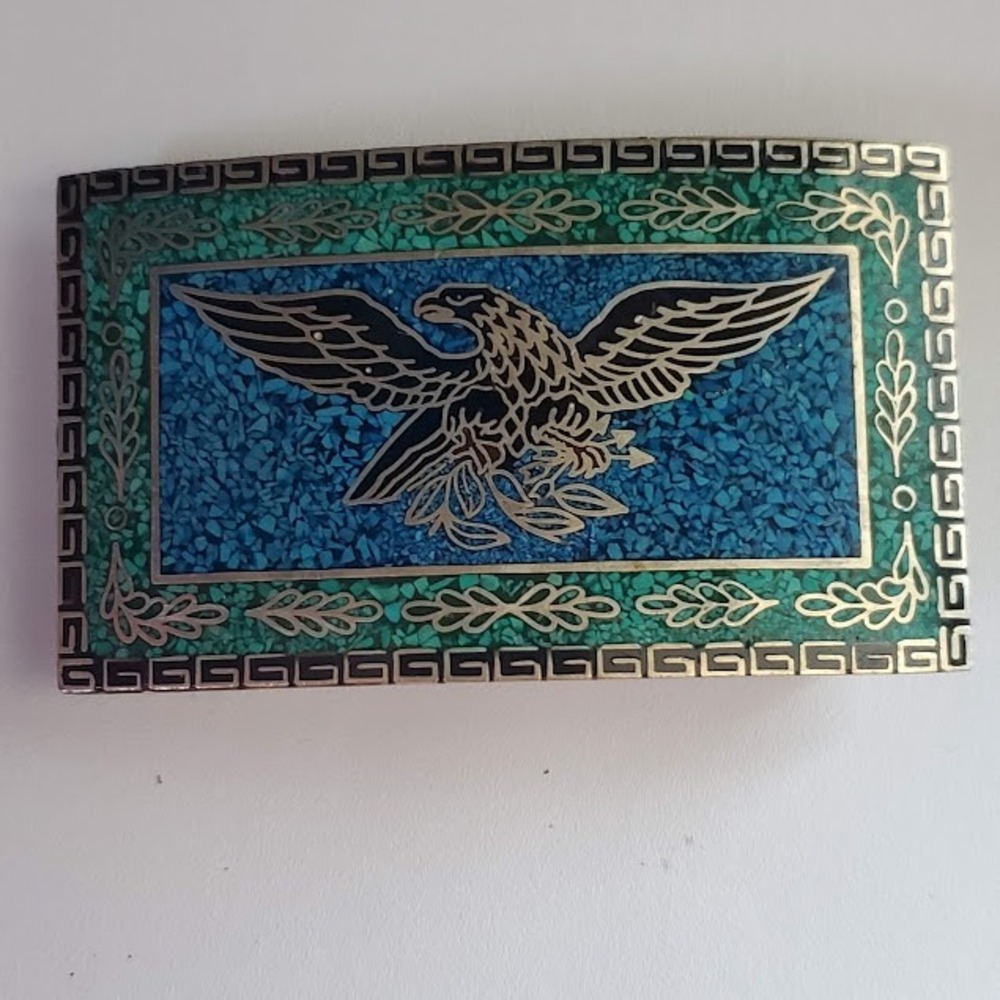 VTG Taxco Mexico Eagle Belt Buckle Turquoise Malachite Chip Inlay Silver Tone